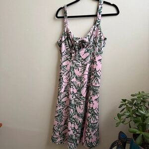 La Paz Pink and Green Leaf Print Tie-Front Midi Dress Tropical Sz Small Wedding